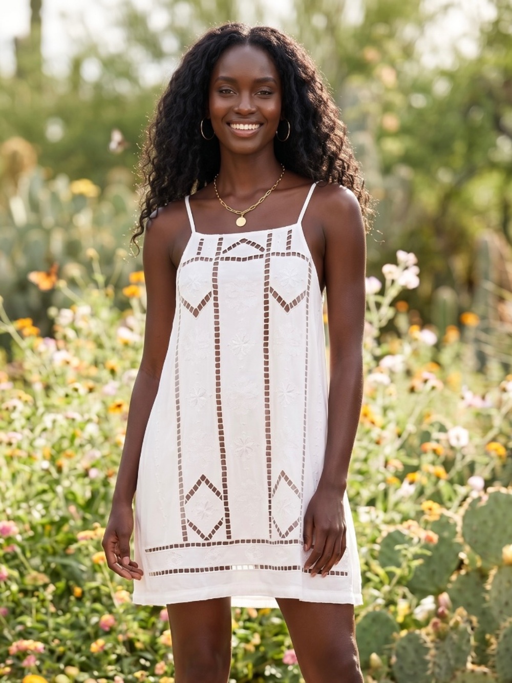 POL Ivory Floral Embroidered Tunic Dress | Cutwork Square Neck Mini